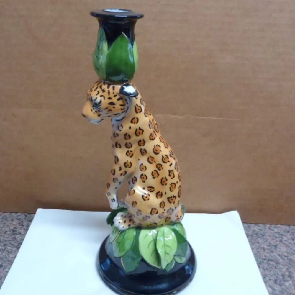 Lynn Chase JAGUAR JUNGLE Candlestick Candle Holder Vintage 1991 11.5” SIGNED - Picture 2 of 8